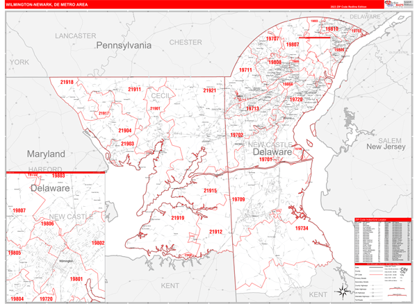Wilmington-Newark Metro Area Wall Map Red Line Style